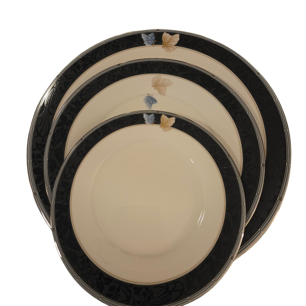 Vintage Noritake Enchanteur 7701 Fine China Plate Set Black Floral Butterfly EUC